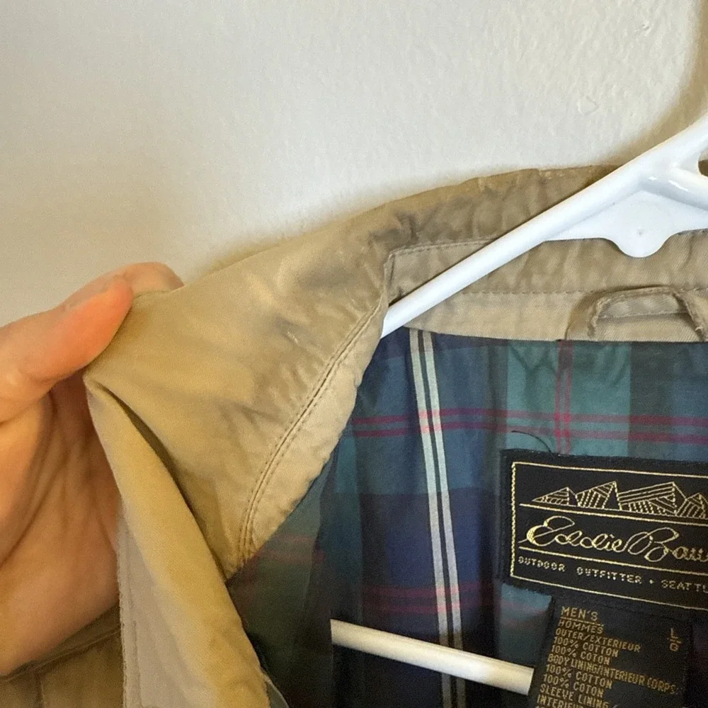 Vtg Eddie Bauer Sandstone Bomber Jacket Tan Plaid Lined Mens Large 90s Stained‎